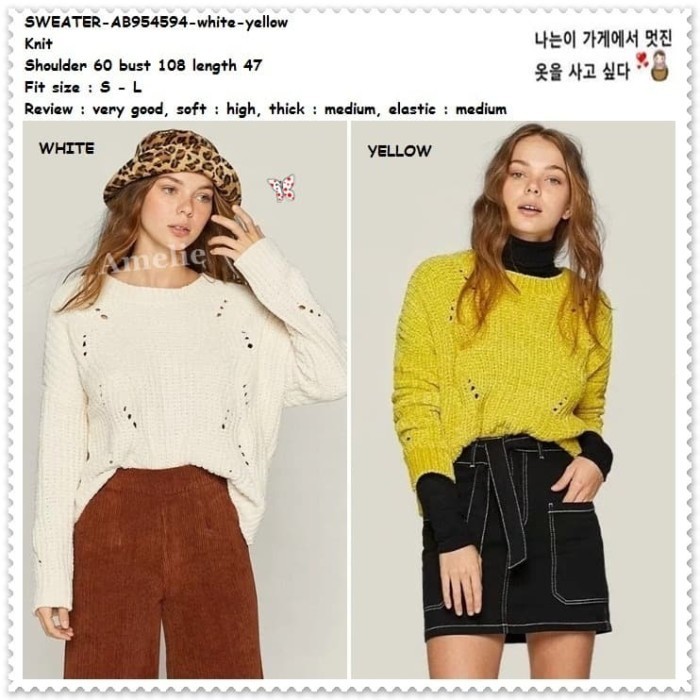 Ab954594 Baju Sweater Rajut Knit Wanita Korea Putih Yellow Lime
