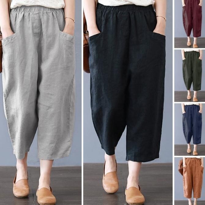 ZANZEA Fashion Muslim Wanita Pinggang Elastis Celana Panjang Kasual