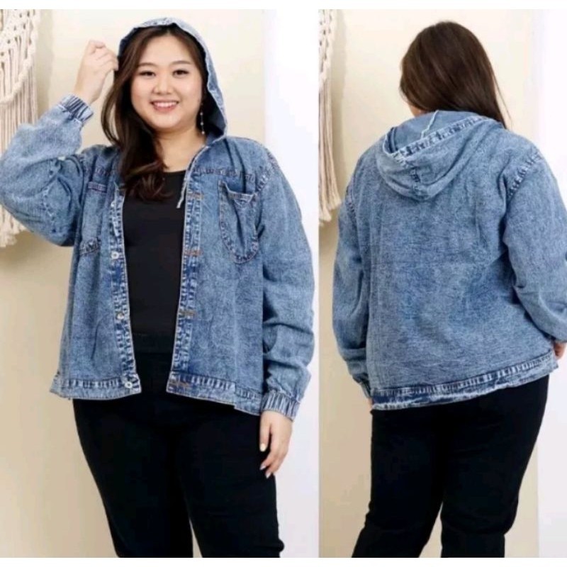 [BEST DEAL] Hoodie Jacket Jeans Denim Wanita Oversize Premium Lengan Balon Jumbo Allsize
