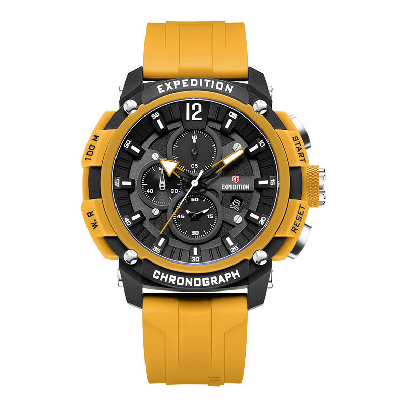 Jam Tangan Pria Expedition Chronograph E 6781 PMC RTBBAYL Men Black Dial Yellow Rubber Strap