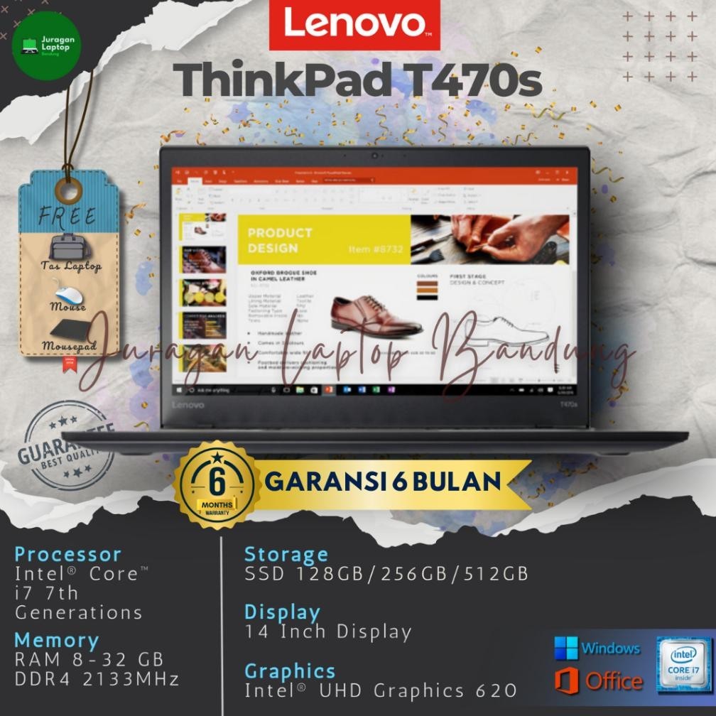 YANG BARUUU LAPTOP LEN THINKPAD T470S INTEL CORE I7 GEN 7 RAM 12GB - 20GB SSD 256GB 14 INCH MULUS NO