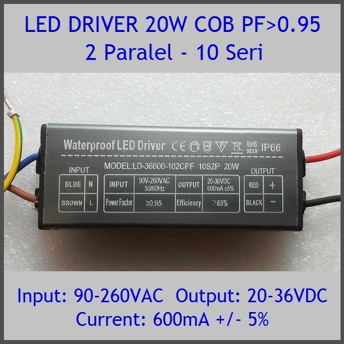 Led Driver 20W 600mA DC20-36V WP PF 0.95