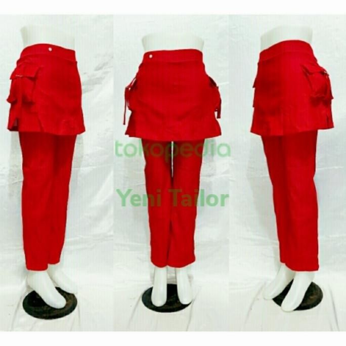 Celana Senam Wanita Rok Kantong Merah Bahan Denim Spandex Katun