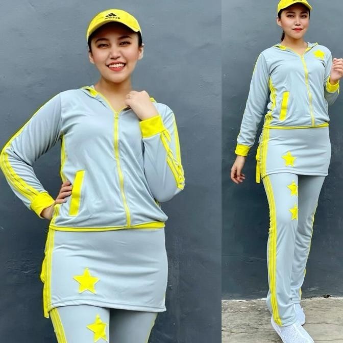 Setelan Baju Senam Aerobic Zumba Olahraga Panjang Rok Abu Kuning
