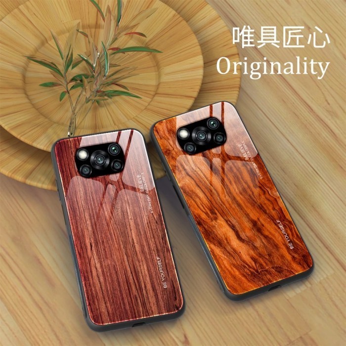 Woodgrain Glass Case Xiaomi Poco X3 PocoX3 NFC PocoX3NFC Casing HP