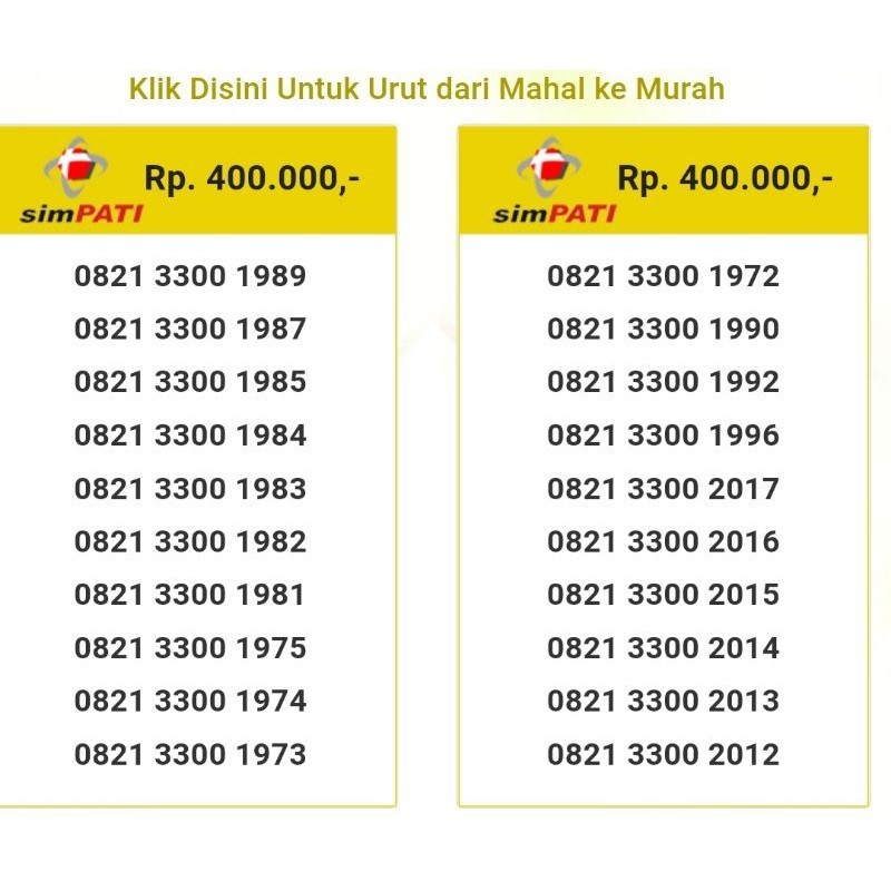 Nomor Cantik Simpati Seri Aabb 3300 Tahun 1995 0821 3300 1990 1992 Ob2 og2
