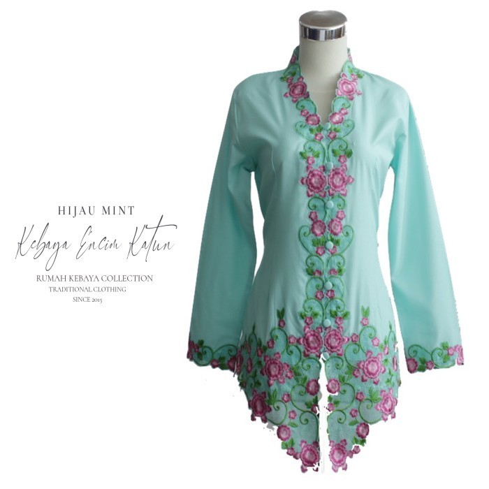 Kebaya Encim Bordir Modern Katun Hijau Mint Lengan Panjang