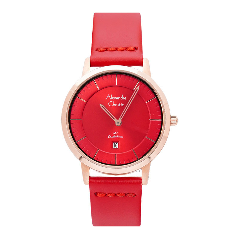 Jam Tangan Wanita Alexandre Christie Classic Steel AC 8639 LD LRGRE Ladies Red Dial Red Leather Stra