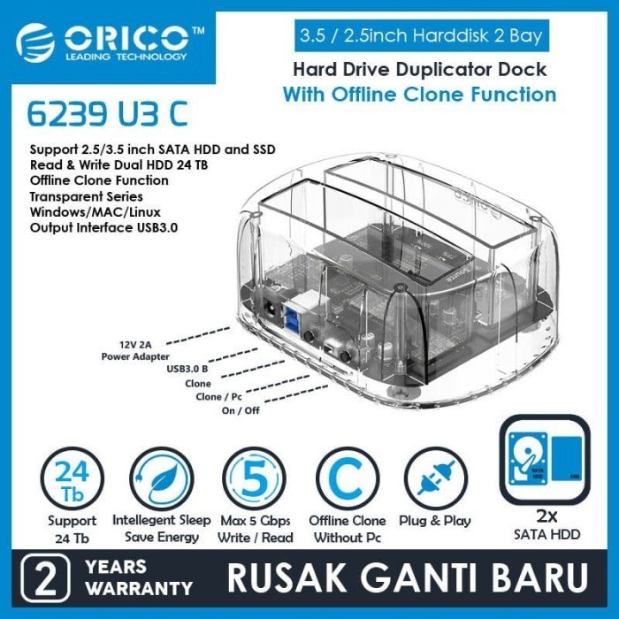 ORICO SSD/HDD DOCKING DUAL BAY CLONE TRANSPARENT - 6239U3-C