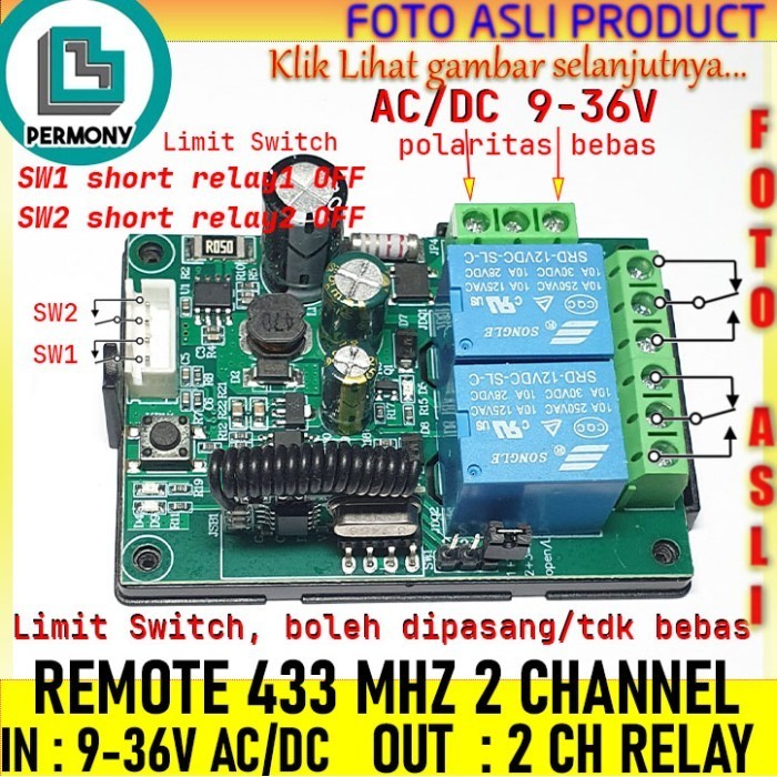 Relay Switch 433 Mhz 2Ch 433Mhz 2 Ch Wireless Rf Receiver 9-36V Dc