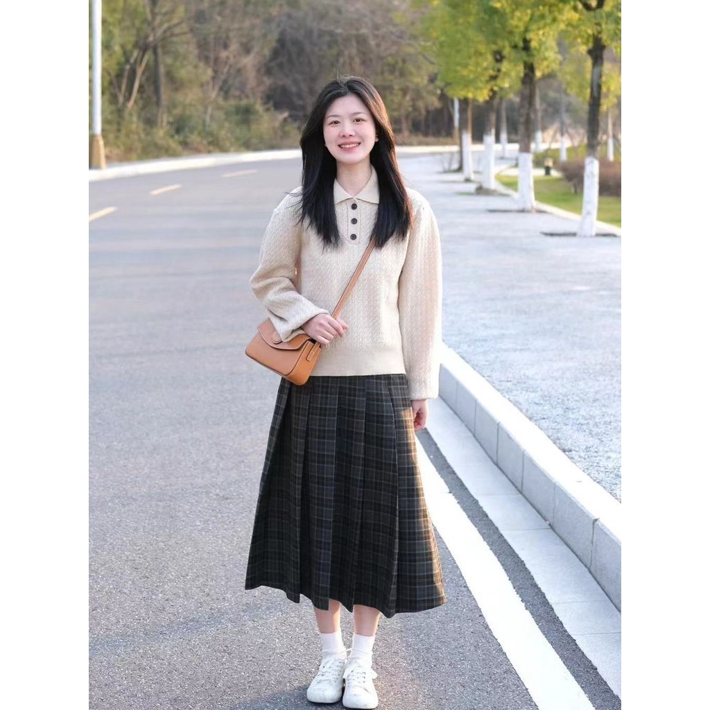 Rok Lipit Kotak-kotak Hijau untuk Wanita, Musim Semi Musim Gugur2024Pelangsing Pinggang Tinggi Retro