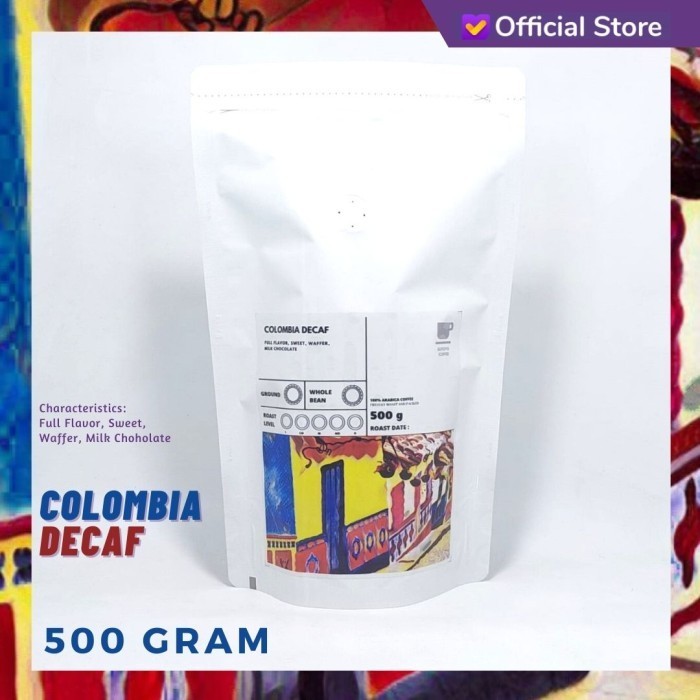 

Kopi Arabika Colombia Decaf 500 Gram Sutoyo Coffee Import Beans