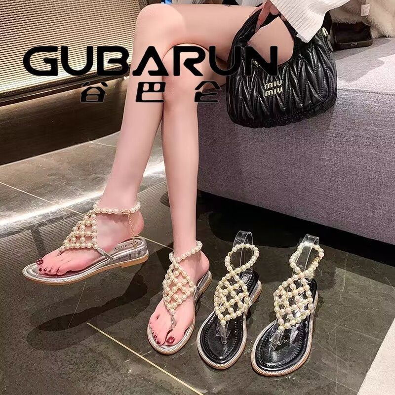 Sandal Sepatu Romawi Datar Pantai Mutiara, Sandal Pantai Datar Korea Transparan