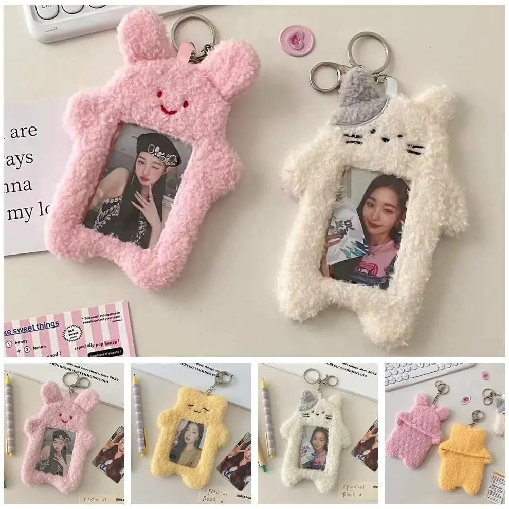 

fbx-4 Cute Cat Rabbit Plush Photocard Holder Kpop Idol Photo Sleeve Protective Case Student ID Card Cover With Keychain Pendant Hemat