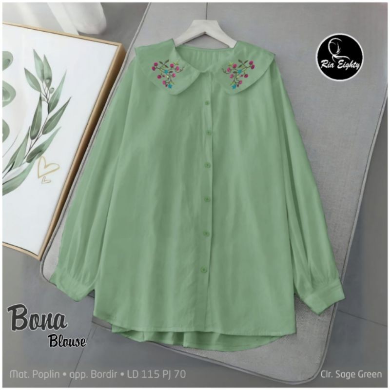 Sage green Bonnha Blouse Ld 115 JUMBO fit XXXL / Kemeja Katun HQ