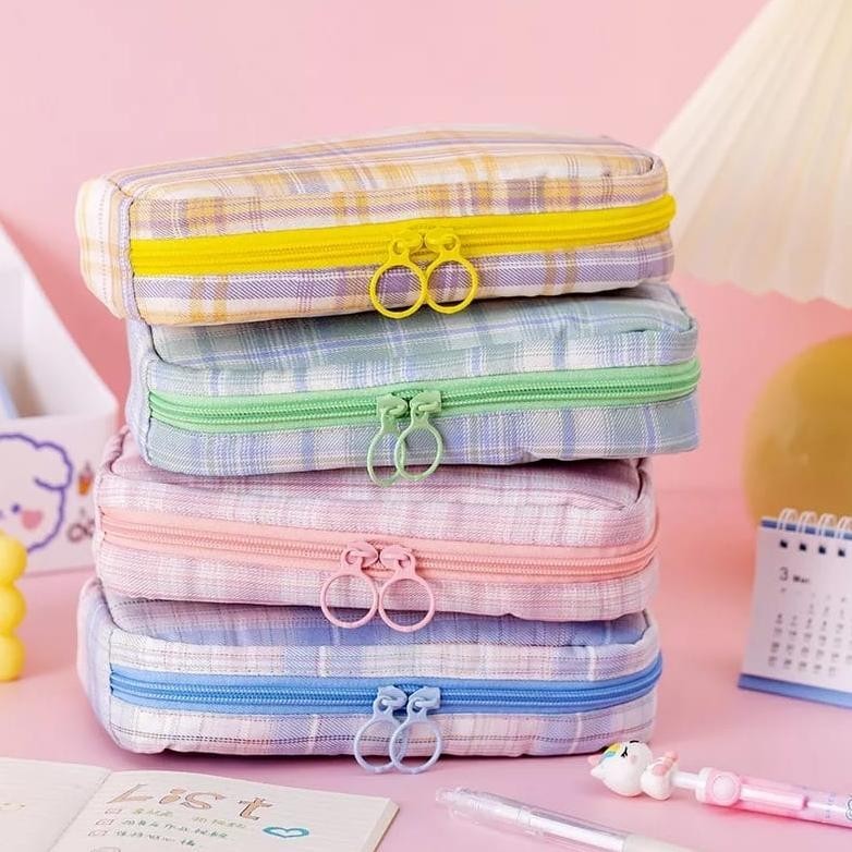 

wes-24 [MILOLI] Kotak Pensil Grid kanvas Macaron Kapasitas Besar Portabel Multifungsi Style Stationery - F0182 Viral