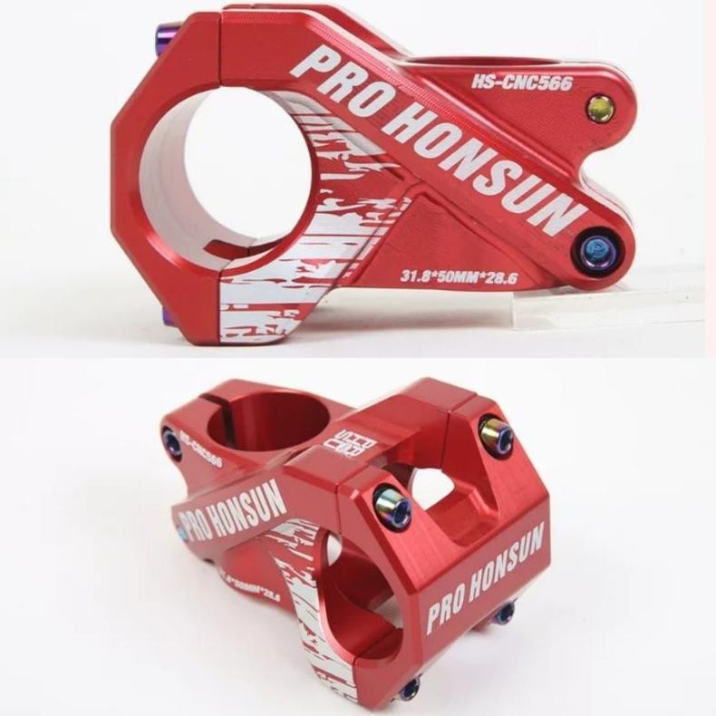 Premium Pro Honsun Stem 31.8 mm Panjang 50 mm OS Stem Handlebar Sepeda AM DH Merah