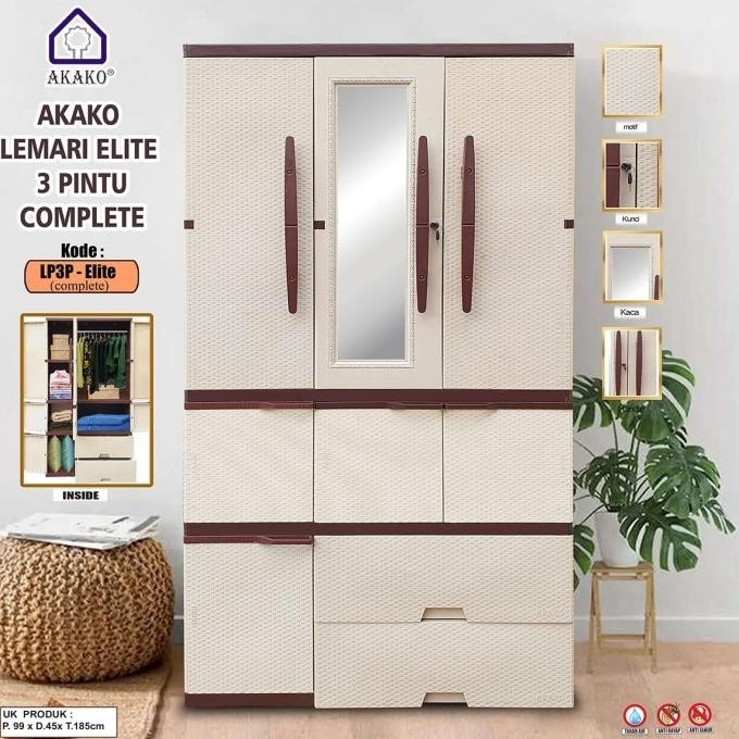 Akako Elite Lemari Plastik 3 Pintu Kaca Laci Kunci