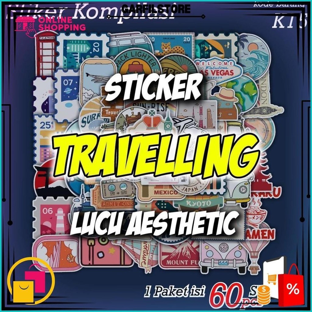 

60 Pcs Sticker Tema Travelling Travel Perjalanan Lucu Aesthetic - Stiker Anti Air Untuk Case Tumbler Laptop Koper Hp Scrapbook - K15 Best Seller