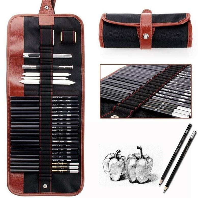 

Ter-98 29Pcs/Set Pensil Gambar Sketsa/Sketch Pencil Set/Drawing Pencil Set Dan Pisau Penghapus/Dengan Pouch Serut Promo