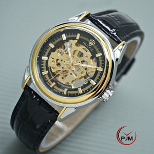 Terbaru, Jam tangan rolex wanita pria otomatis tali kulit angka balok transparan automatic