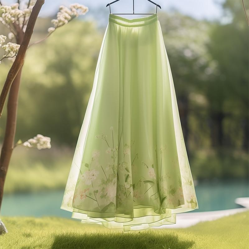 Pelangsing Pinggang Tinggi WanitaaRok Garis，Mint Mambo Rok Cetak Sifon Hijau Cantik Gaya Chic