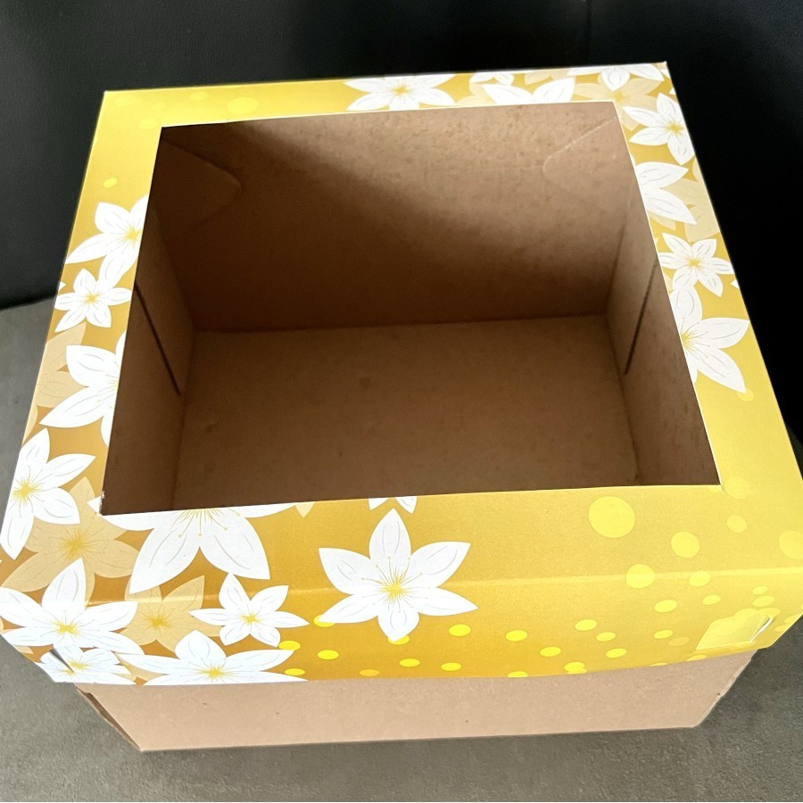 

5 pcs dus box tutup mika motif bunga putih kuning uk 22 x 22 x 10 cm box kotak hampers packaging kardus kemasan kue hantaran bolu chiffon