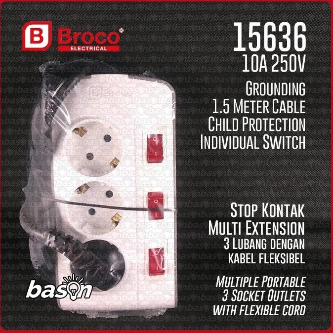 Broco 15636 Stop Kontak Arde 3 Lubang Kabel 1.5Meter Saklar Individual