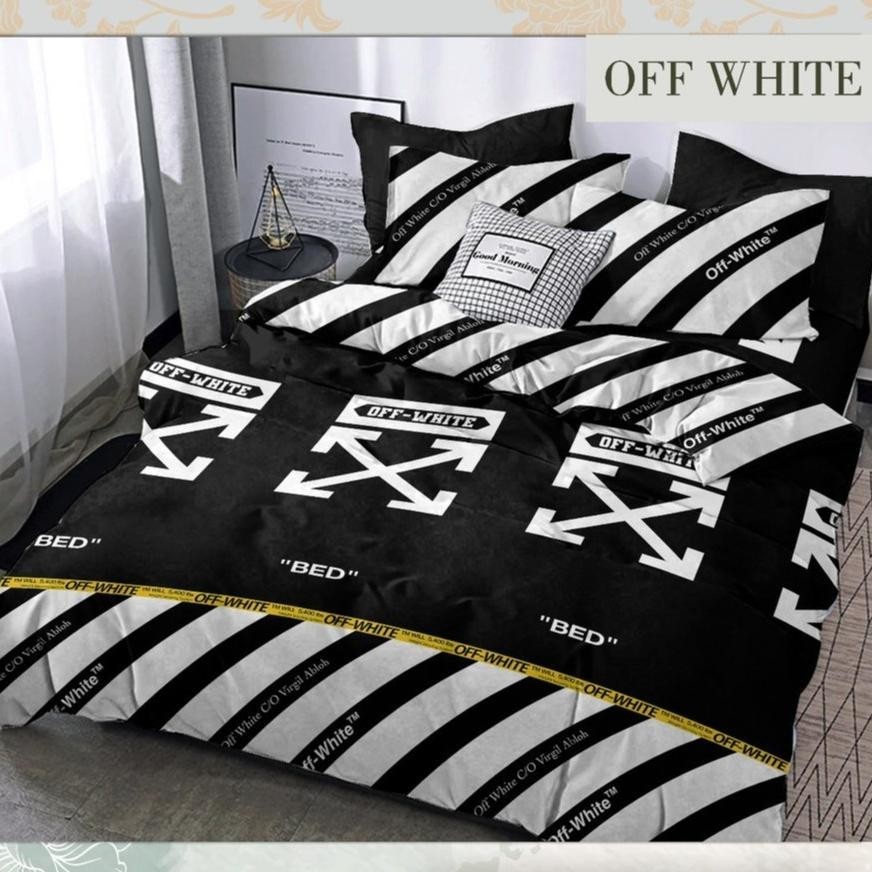 CR - Sprei motif kotak hitam off white line yellow seprai pria original katun terbaru 2021 TERLARIS