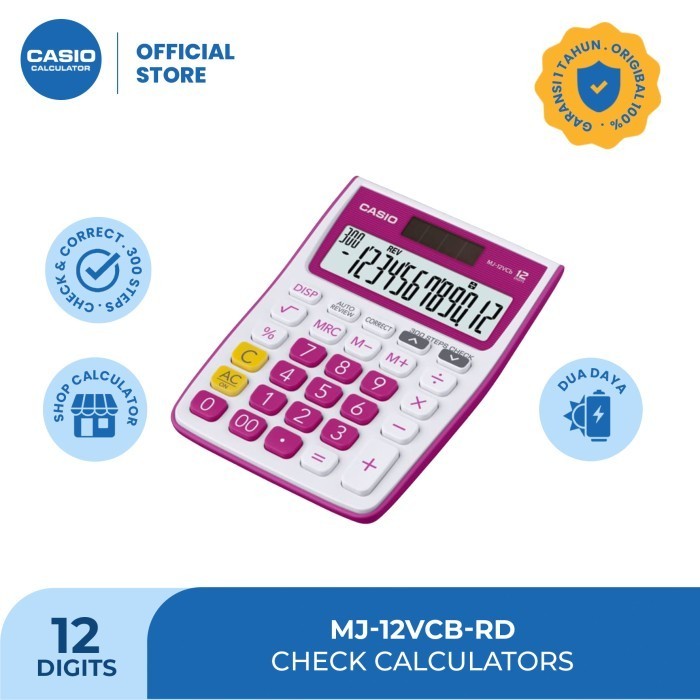 

CASIO MJ-12VCB - MERAH -KALKULATOR TOKO/DAGANG - FUNGSI CEK - 12 DIGIT