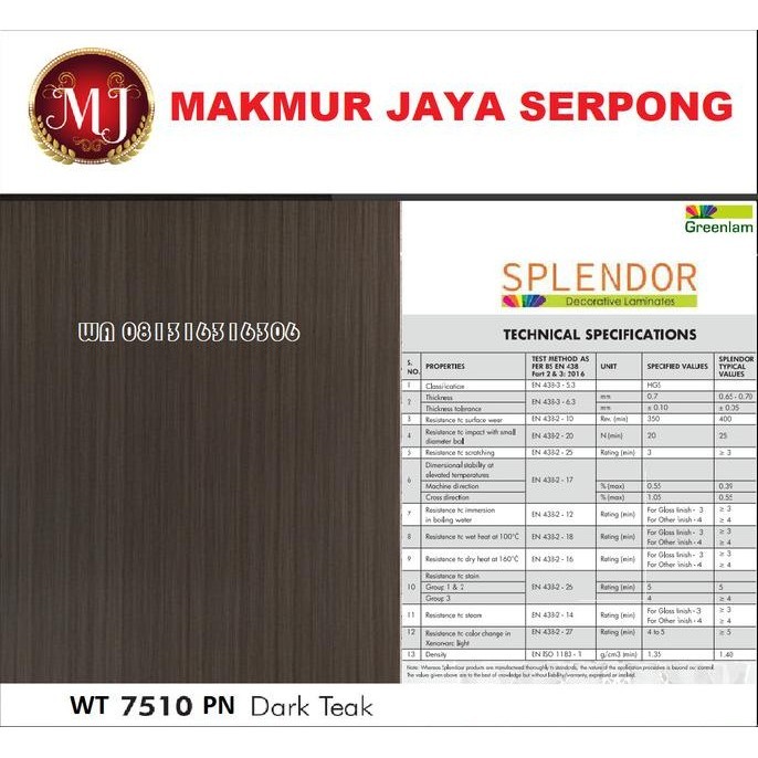 Hpl Splendor Wt 7510 - Pn Dark Teak / Hpl Berkualitas Tersertifikasi Kode Barang 7801