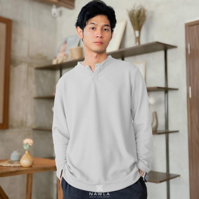 Kaos Pria Lengan Panjang Bahan Waffle Knit Kerah V Neck