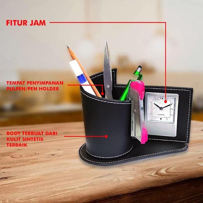 

Jam Meja Kulit /Tempat Alat Tulis Serba Guna