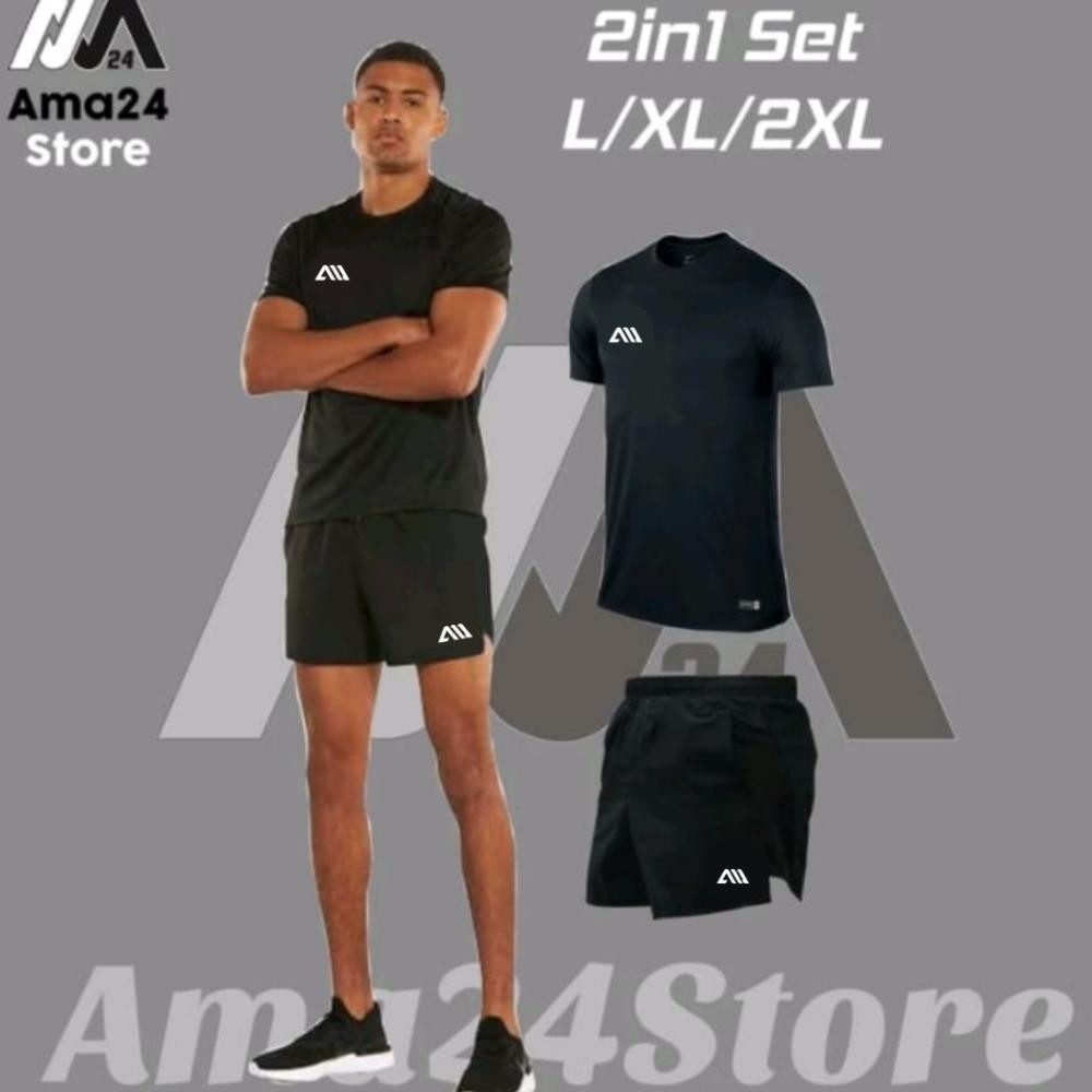 Ama 2 In 1 Setelan Lari Baju Jersey Celana Pendek Celana Lari Olahraga Pria Jumbo Cod