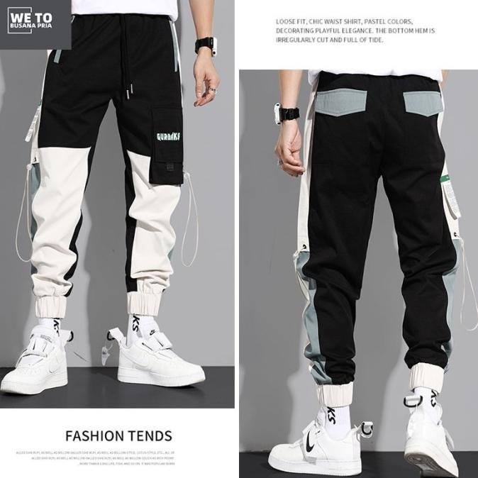 Celana Panjang Casual Cargo Pria Dewasa Korean Style Hitam Putih Jumbo
