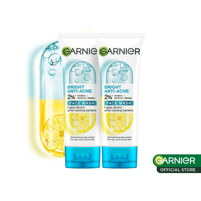 (PAKET HEMAT ISI 2) Garnier Bright Complete 3-in-1 Anti Acne Facial Cleanser Skin Care - 100ml