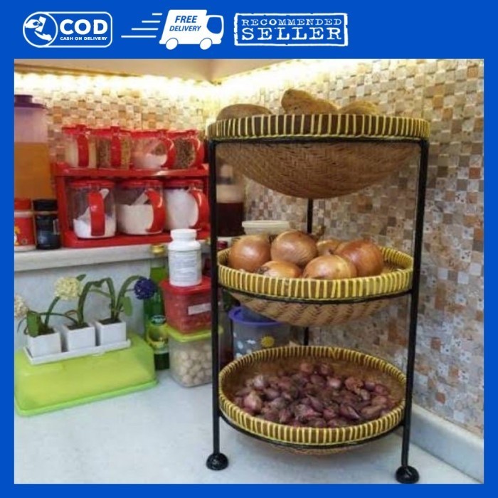 Rak Bawang Rak Bumbu Susun 3 Anyaman Bambu Tempat Bumbu Dapur Cabe