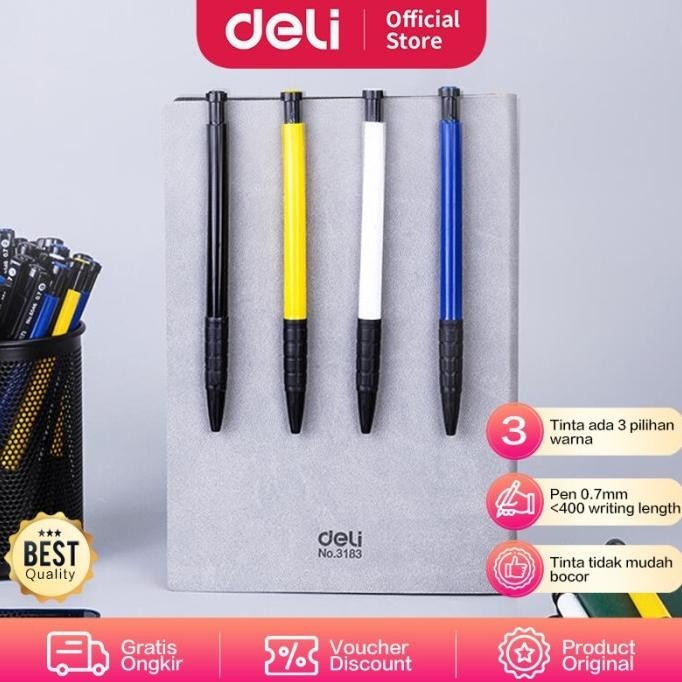 

Deli Pulpen Retractable 3 Warna 1Box isi 36Pcs hasil tinta tebal 6546