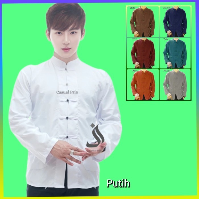 Baju Imlek Adat China Kemeja Pria Cheongsam Jumbo Ld 100 - 124 Putih