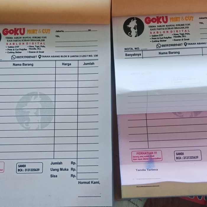 

nota n 3ply cetak 3 warna pakai nomor pakai caca