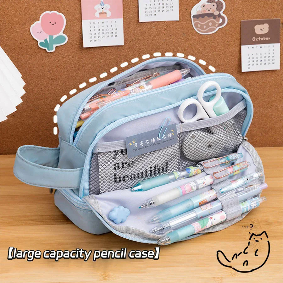 

Girl's Large Capacity Pencil Case, Kawaii Aesthetic Pen Bag, 3-compartment Organizer, Korean Cute Stationery, School Supplies