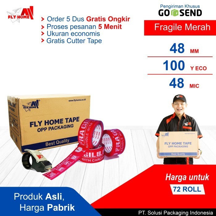 

FLYHOME Fragile merah 1 dus 100yard 2inchi 48mm x 100yard ECO Instan