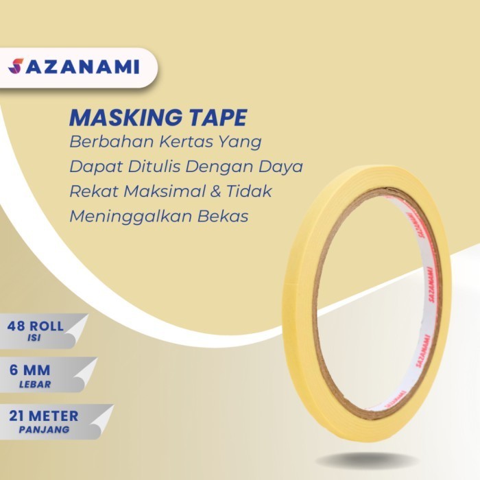 

1 PACK Lakban Kertas Masking Tape 1/4" Inch 6mm x 21m Sazanami 48 ROLL