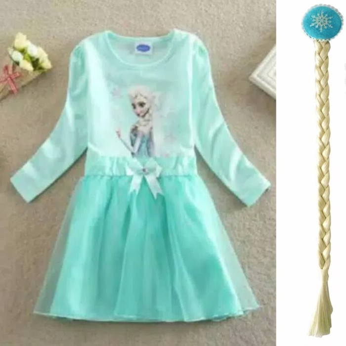 Baju Dress Elsa Frozen + Jepitan Rambut Kepang