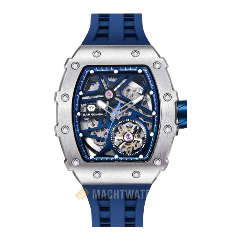 Jam Tangan Pria Tsar Bomba Elemental TB8209A-03 Mechanical Luxury Skeleton Dial Blue Silicone Strap