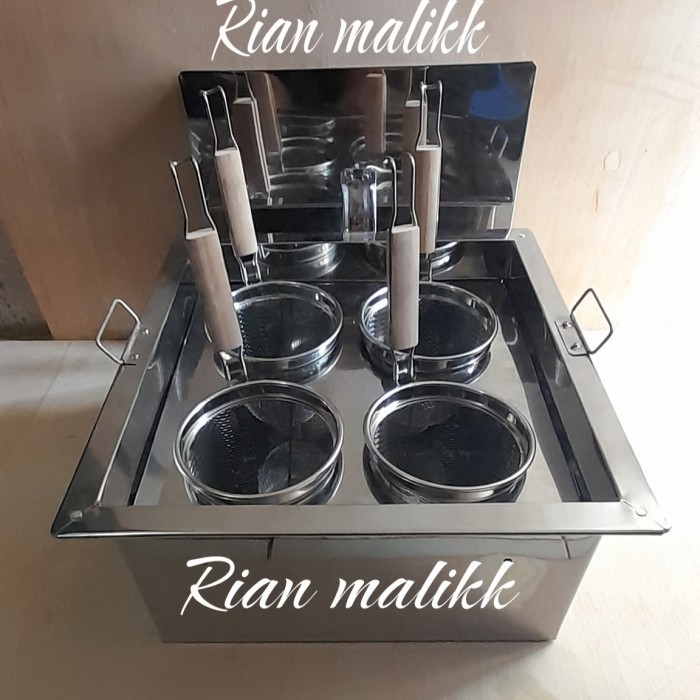 1Set Dandang Mie Ayam Kotak 4 Lubang Tong Mie Ayam Kotak + 4 Saringan
