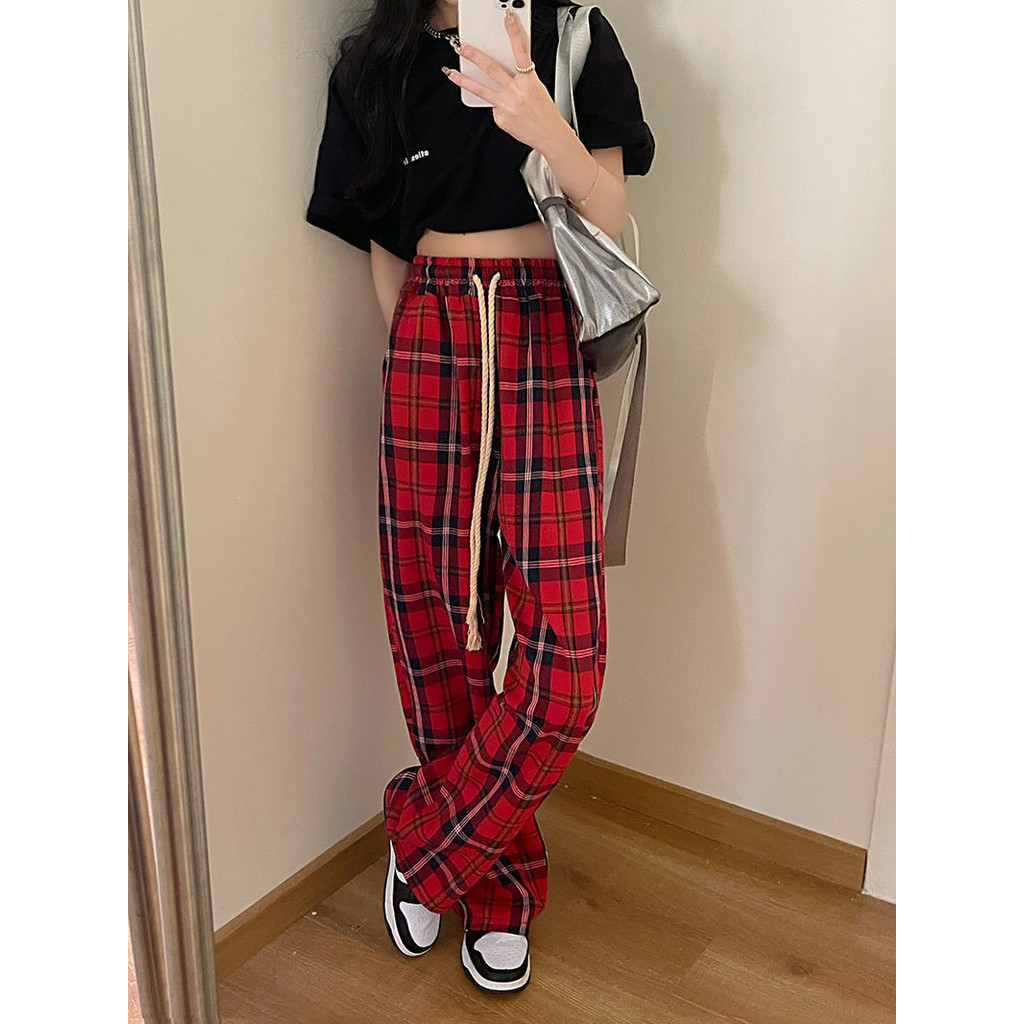 Celana Panjang Kotak-kotak Wanita, Bawahan Longgar Santai Ukuran Besar Retro Merah