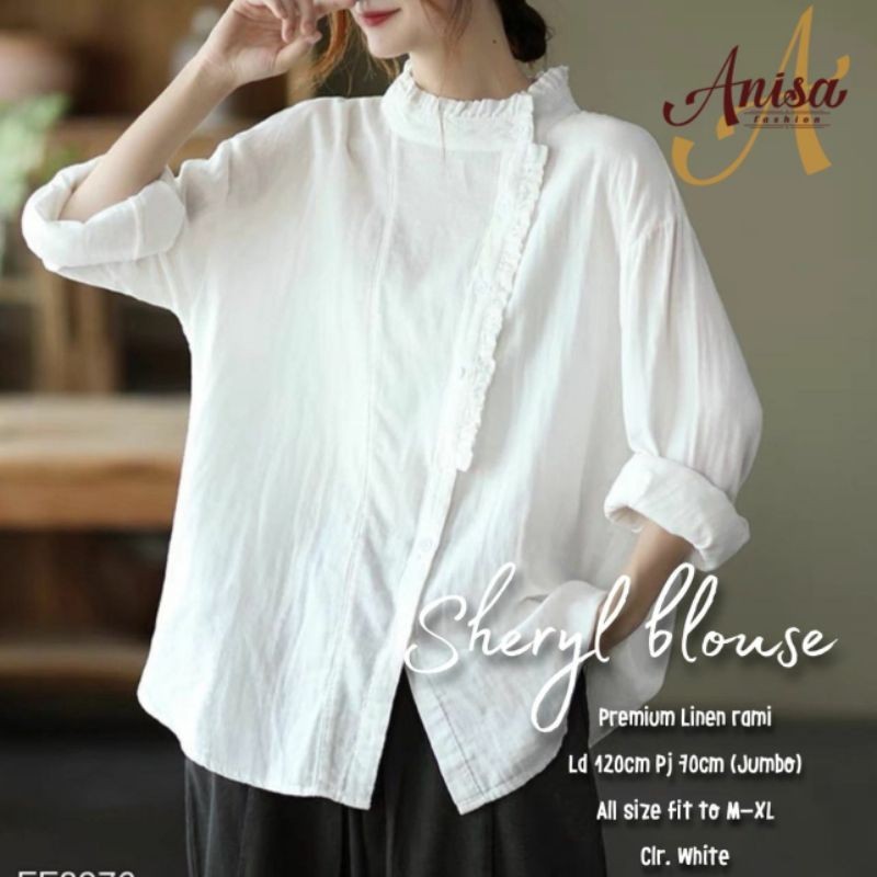 putih broken white Sheryl Blouse Jumbo Ld 120 fit XXXL / kemeja Katun linen polos