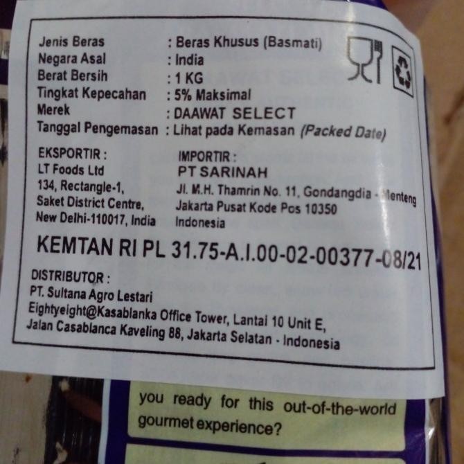 

Beras Impor Kualitas Terbaik Dari India Daawat Premium (Basmati Rice) MS54