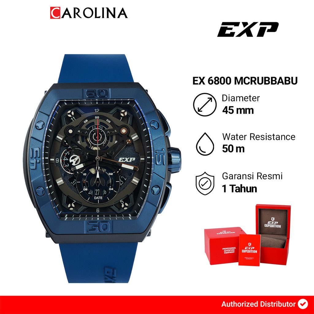 Jam Tangan Pria Expedition EXP Chronograph EX 6800 MCRUBBABU Black Dial Blue Rubber Strap